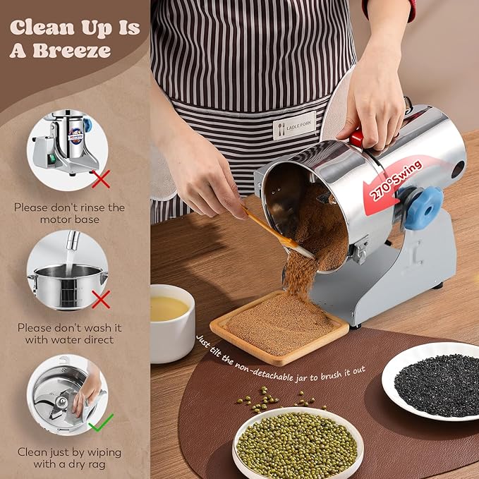 Moongiantgo 2500g Safety Grain Mill Grinder 3700W High-speed Electric Stainless Steel Dry Spice Grinder Pulverizer for Wheat Corn Rice Pepper Herbs Coffee Beans Dried Mushrooms, 110V