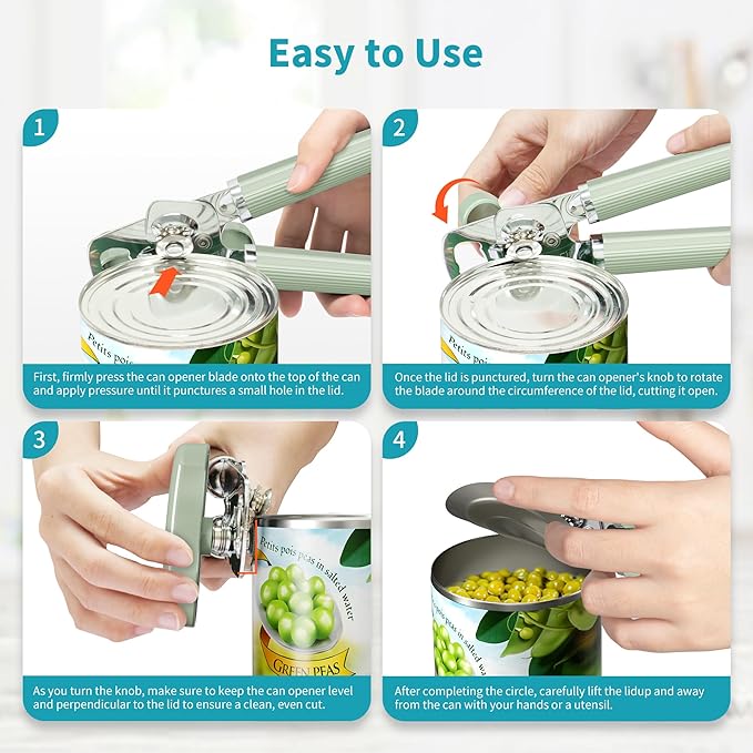 Ultrean Manual Can Opener Bottle Opener, Heavy Duty Stainless Steel Smooth Edge Manual Hand Held Can Opener With Soft Touch Handle, Rust Proof Oversized Handheld Easy Turn Knob (Green)