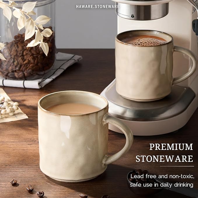 HaWare 14OZ Coffee Mugs Set of 4, Stoneware Coffee Cups with Handle, Latte Mug for Man, Woman, Dad, Mom, Modern Tea Mugs for Latte/Cappuccino/Cocoa/Milk, Dishwasher& Microwave Safe, Saturn Khaki