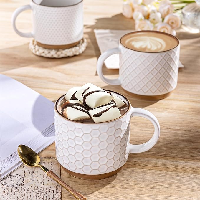 GBHOME 15OZ Stackable Coffee Mugs, Ceramic Coffee Mugs with Texture Patterns for Man,Woman,Dad,Mom, Modern Coffee Mugs Set of 4 for Latte/Cappuccino/Cocoa. Dishwasher&Microwave Safe, Off White