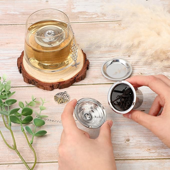 3 Sets Tea Infusers Steeper for Loose Leaf Tea Holder Stainless Steel Tea Ball Mesh Strainer Filters with Drip Trays and Pendant(Bee Style)