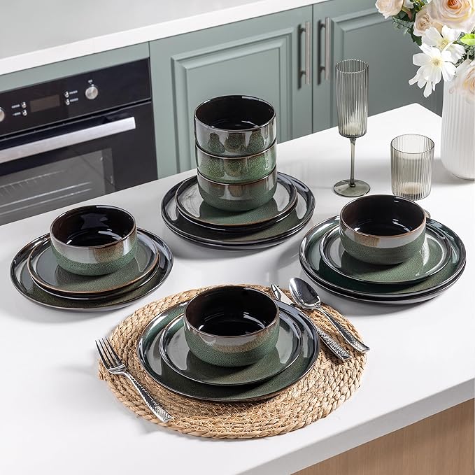 LeRatio Ceramic Dinnerware Sets for 6,Porcelain Plates and Bowls Sets,Handmade Reactive Glaze Dishes Set,Chip Resistant and Scratch Resistant | Oven&Dishwasher & Microwave Safe-Green(18PCS)