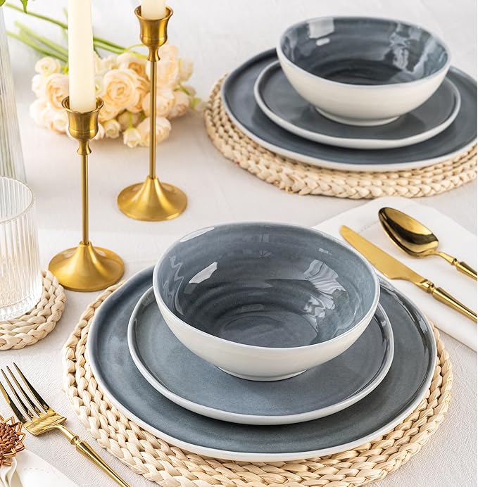 LERATIO Ceramic Dinnerware Sets for 4,Porcelain Plates and Bowls Sets with Wavy Edge,Microwave & Dishwasher & Oven Safe,Light Weight & Scratch Resistant Dishes Sets-Service for 4-Jean blue (12pcs)