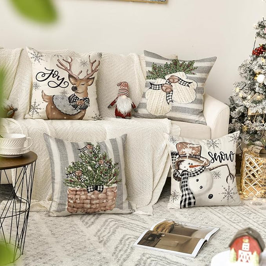 AVOIN colorlife Christmas Snowman Reindeer Gloves Eucalyptus Throw Pillow Covers, 18 x 18 Inch Winter Holiday Stripes Cushion Case Decoration for Sofa Couch Set of 4
