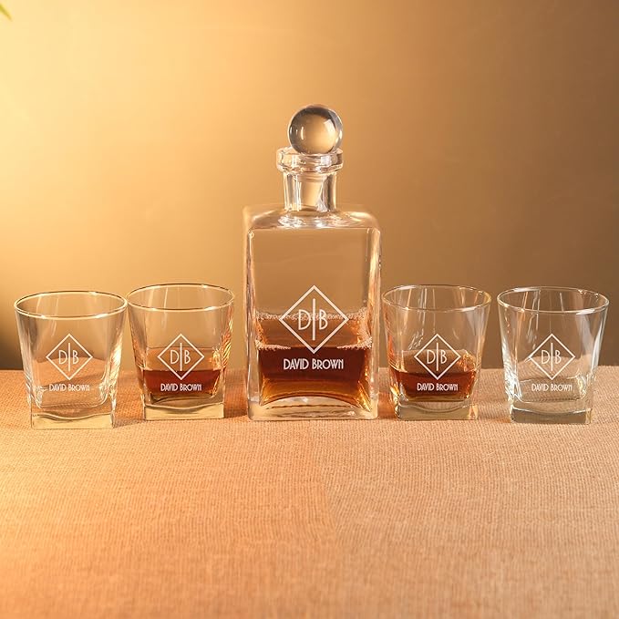 Personalized Whiskey Decanter Set with Custom Whiskey Glasses - Personalized Gifts for Men With Engraved Wooden Box and Whiskey Stones