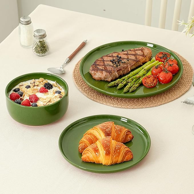 Stoneware Cereal and Soup Bowls Set of 4, 6-Inch Dual Glaze Ceramic Bowls for Breakfast & Oatmeal, Microwave and Dishwasher Safe, Forest Glaze Green