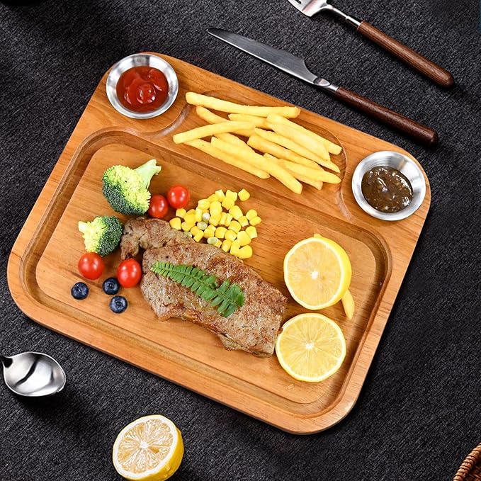 Wooden Steak Plates include 2 Sauce Cups, Wood Steak Board Set Serving Tray for Food Meat Cutting Board with Juice Groove, Charcuterie Board Platter for Home