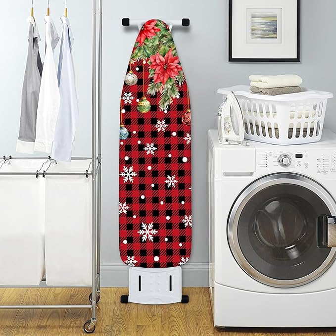 Extra Thick Ironing Board Cover and Pad,Christmas 15x54 Ironing Board Cover, Resist Scorching and Staining,Christmas Snowflake Pine Tree Ball Xmas Red Black Check