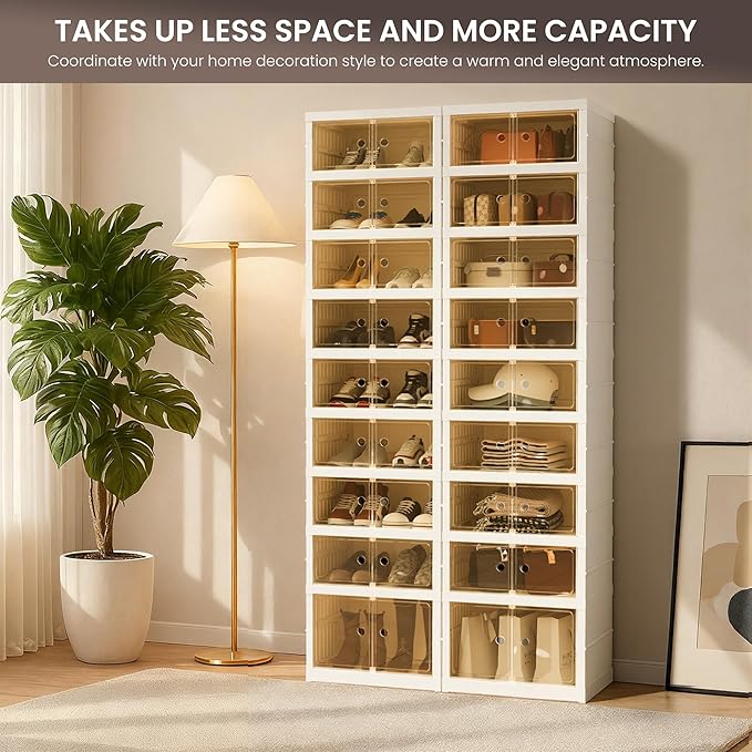 Foldable Shoe Organizer Storage Box, Portable Extra Large Folding Shoe Rack for Closet, Shoe Storage Box with Magnetic Transparent Door and Wheels, 9 Layers 18 Grids with 2 Big Grids