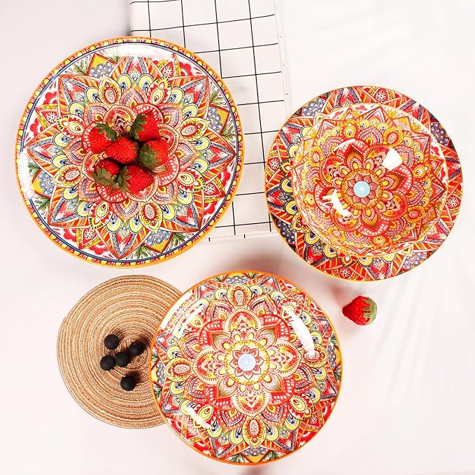 Mandala Dinnerware Sets (16 PCS) Serves for 4, Buffet Dinnerware, Boho Plates and Bowls Set with 8.3" salad Plate 8.6"/10.6"dinner Plate 6.4" bowl, apply Indoor Outdoor Dining