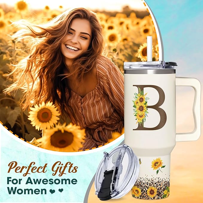 Personalized Birthday Gifts For Women - Sunflowers Monogrammed Cup For Boss Day, Christmas - Customized Gifts For Women, Mom, Wife, Coworkers, Boss Lady, Her - Custom Tumbler With Handle 40oz