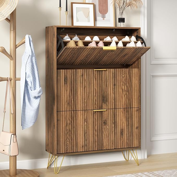 Shoe Storage Cabinet with 3 Flip Drawers, 31.5" W Fluted Shoe Cabinet for Entryway, Hidden Shoe Cabinet Storage, Narrow Free Standing Shoe Orgnaizer Rack Cabinet for Foyer Hallway, Natural