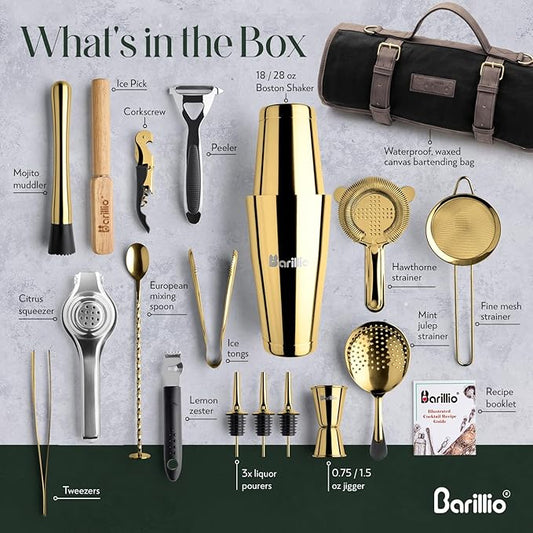 Barillio Bartender Kit Bag with Gold Cocktail Shaker Set - Waxed Canvas, Traveling Bar Tools Bag with 17-Pc Cocktail Kit - Travel Mixology Bartending Kits - Mobile Bar Roll with Strap & Accessories