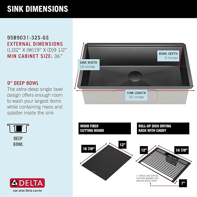 DELTA FAUCET Delta Rivet 32 Inch Black Stainless Steel Undermount 16 Gauge Workstation Kitchen Sink Single Bowl in PVD Gunmetal Finish with WorkFlow Ledge and Accessories, 95B9031-32S-GS