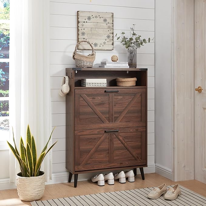 Shoe Storage Cabinet,Farmhouse Shoe Organizer with 2 Flip Drawers & Barn Door Design,Freestanding Hidden Slim Narrow Shoe Rack Cabinet with Open Storage for Entryway, Foyer,Hallway, Walnut