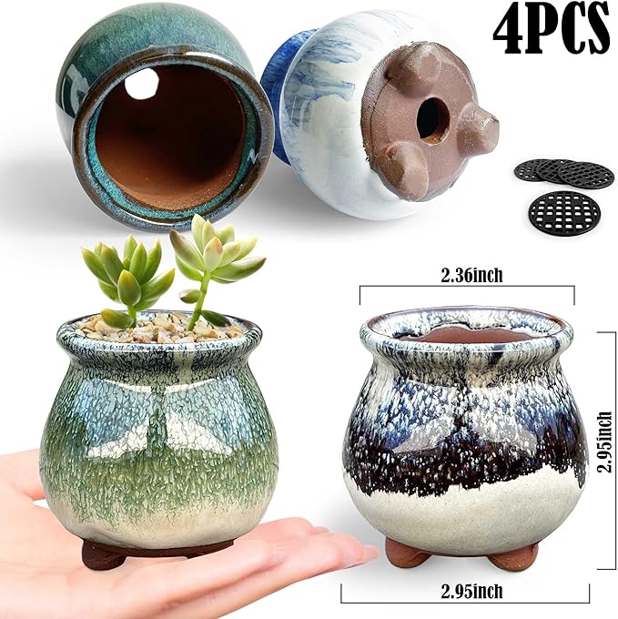 3 inch Glaze Handcraft Ceramic Pot Set, Tiny Cactus Planter with Drainage, Mini Cactus Pots Desk Shelf Decor, Cute Set of 4 Succulent Planter Pots