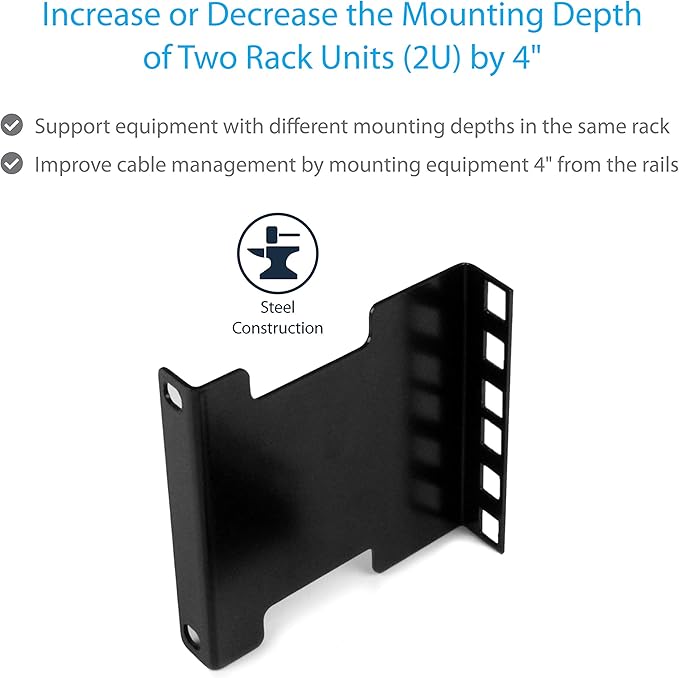 StarTech.com Server Rack Depth Extender - 2U - 4in / 10 cm - TAA Compliant - Recessed Rack Adapter - Rack Mount Adapter Kit - Network Rack Extender (RDA2U)