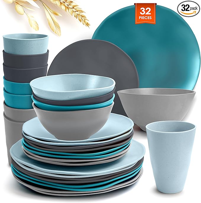 Teivio 32-Piece Kitchen Plastic Wheat Straw Dinnerware Sets, Service for 8, Dinner Plates, Dessert Plate, Cereal Bowls,Cups, Unbreakable Plastic Colorful Outdoor Camping Dishes, Irregular Oecan