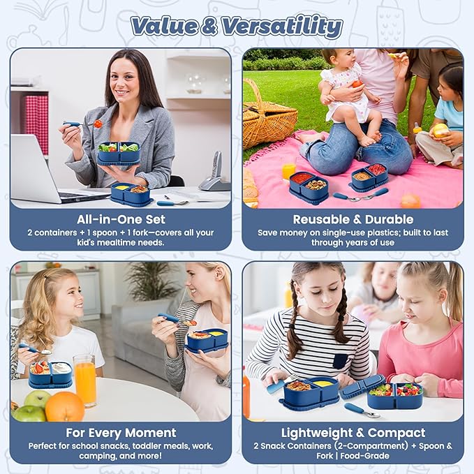 Silicone Snack Containers for Kids (8.5Oz, 2-Compartment)+ Kids Silicone Cutlery Set (Spoon and Fork) - BPA Free, Leak Proof, Great for Toddler/Kid/Adult Meal Prep Containers (blue)