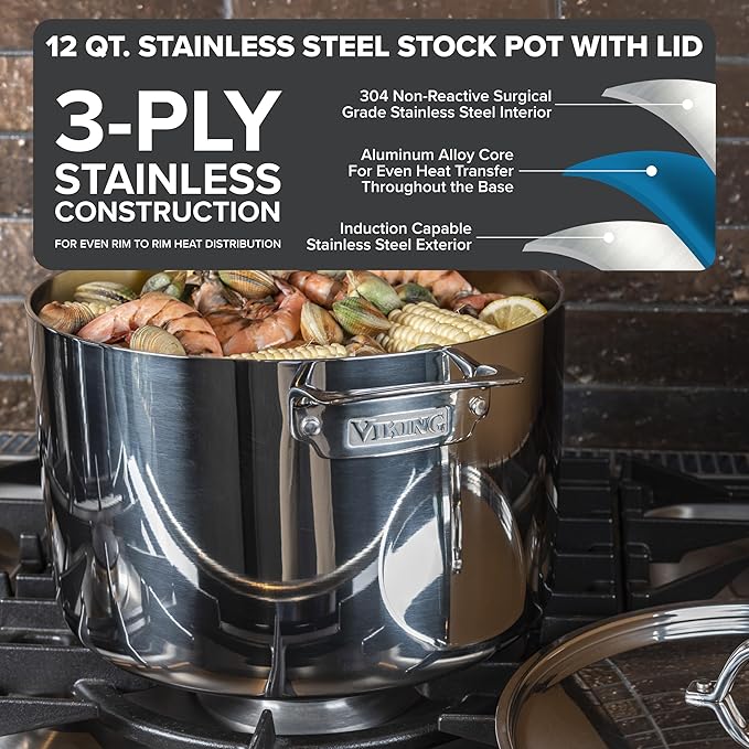 Viking 3-Ply Stainless Steel Stock Pot, 12 Quart Soup Cooking Pot with Lid, Kitchen Cookware, Dishwasher and Oven Safe, Induction Ready, Silver
