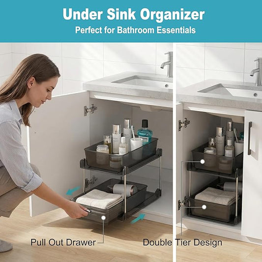 2 Pack 2 Tire Under Sink Organizer, Bathroom Organizers and Storage,Cabinet Drawers Bins, Pull-Out Organization with Track for Pantry, Kitchen,Fridge,Vanity Countertop (Black Clear