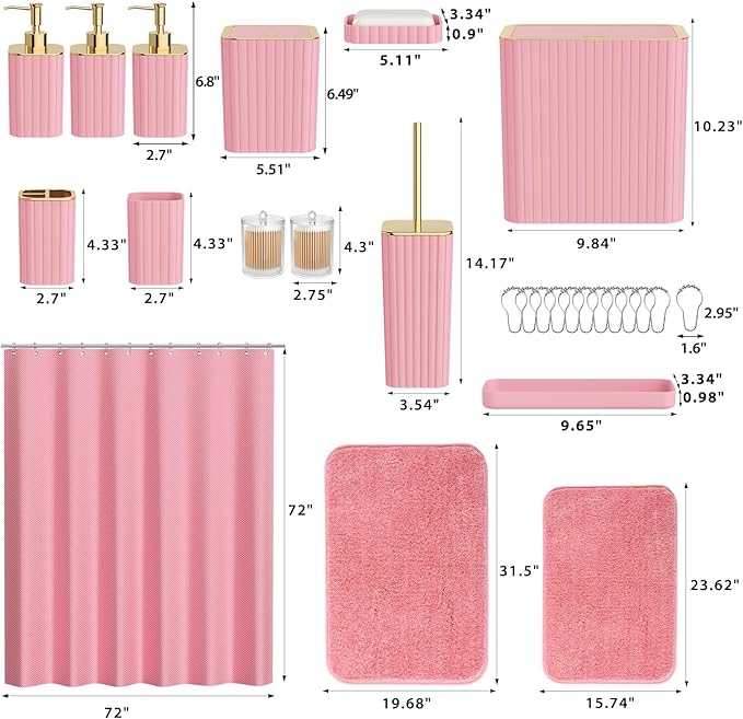 Bathroom Accessory Set - Bathroom Set, 27PC Bathroom Accessories Set, Pink Bathroom Sets with Shower Curtain and Rugs, Mini Trash Can, Toilet Brush, Trash Can & Soap Dispenser