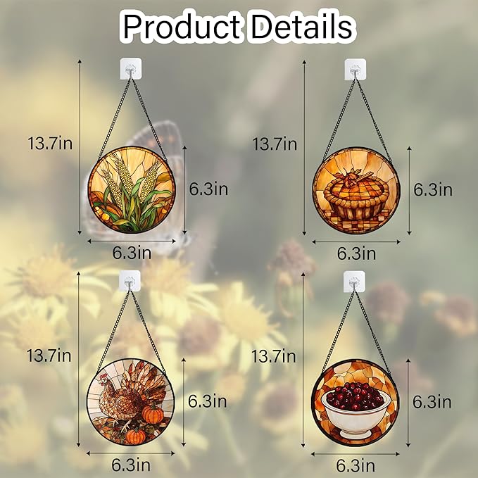 Stained Glass Window Hanging 4 Pcs Set Brown Turkey Berry Corn 6.3" - Suncatcher Door Garden Sun Catcher Decor Birthday Thanksgiving Mother's Day for Mom Woman Nana Men