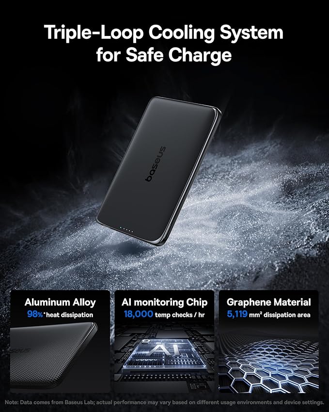 Baseus Picogo Power Bank, 0.3" Ultra Slim 5000mAh MagSafe Battery Pack, Upgraded Polished Alloy Magnetic Portable Charger, Wireless Charger with USB-C Cable for iPhone 17 Pro Max/17 Air/16/15/14/13/12