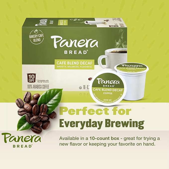 Panera Cafe Blend Decaf Coffee Pods, Medium Roast Cups - 100% Arabica, Smooth & Balanced with Caramel Notes, Sustainably Sourced, No Bitterness 10 Single Serve Pods (1 Pack of 10)