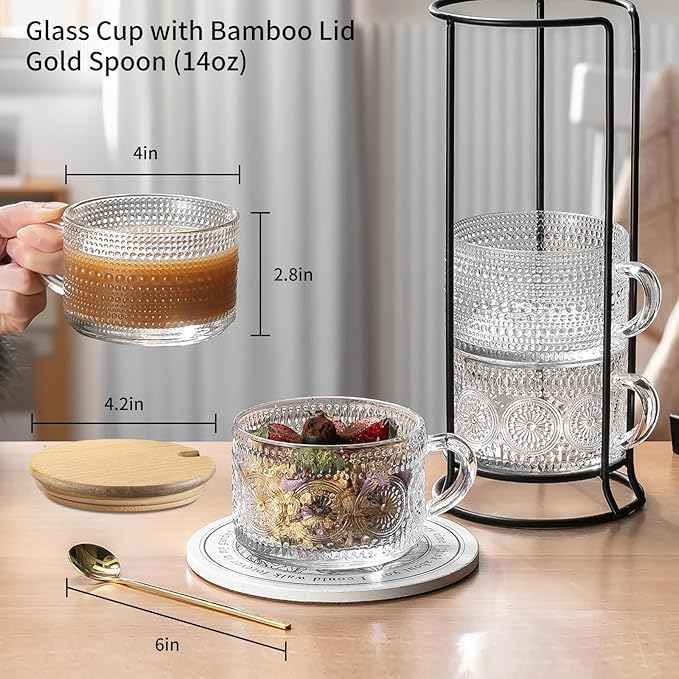 6pcs Vintage Coffee Mugs 14oz, Overnight Oats Containers with Bamboo Lids and Spoons - Clear Embossed Glass Cups, Cute Iced Coffee Glasses Bar Accessories, Clear Cups Vintage gifts for women.