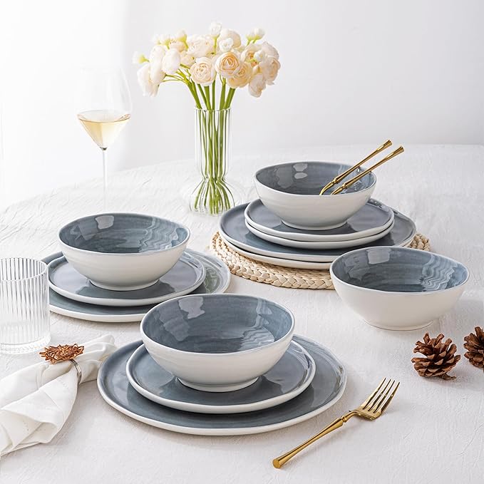 LERATIO Ceramic Dinnerware Sets for 4,Porcelain Plates and Bowls Sets with Wavy Edge,Microwave & Dishwasher & Oven Safe,Light Weight & Scratch Resistant Dishes Sets-Service for 4-Jean blue (12pcs)