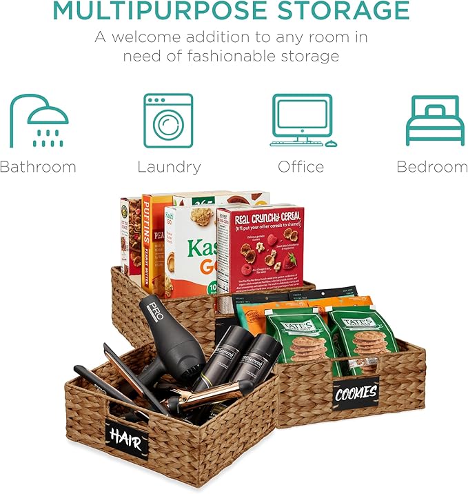 Best Choice Products Set of 4 13x12in Water Hyacinth Pantry Baskets, Woven Organizers w/Chalkboard Label, Chalk Marker - Chestnut