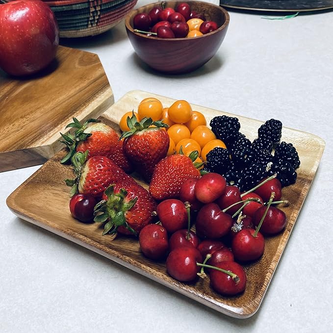 Wooden Plates Set of 4 – 8” Square Acacia Wood Plates, Rustic Salad, Side Dish, and Dessert Dinnerware for Snacks, Appetizers, or Wooden Chargers