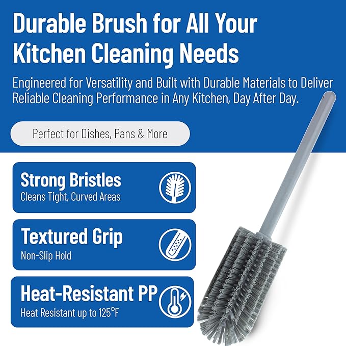 SPARTA Scrub Brush Bottle Brush, Dishwasher Safe Brush with Hanging Hole for Cleaning, Plastic, 16 Inches, Gray