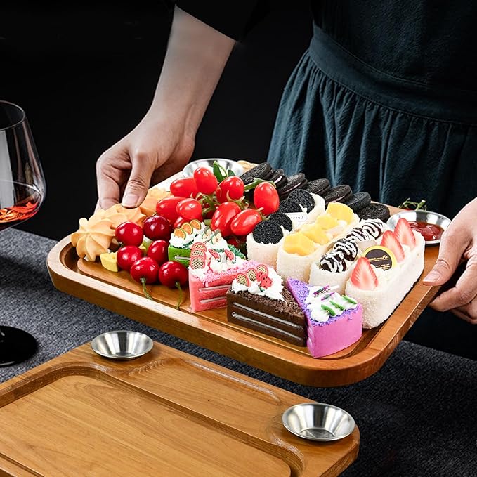 Wooden Steak Plates include 2 Sauce Cups, Wood Steak Board Set Serving Tray for Food Meat Cutting Board with Juice Groove, Charcuterie Board Platter for Home