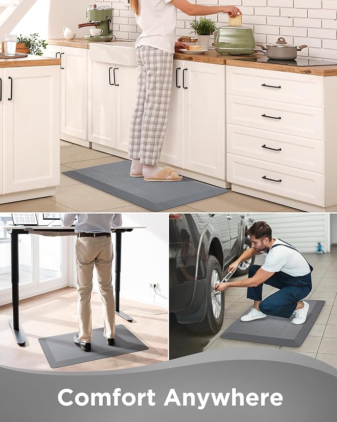 Ophanie Kitchen Mats for Floor, 3/4 inch Thick, 17x28 Anti Fatigue Cushioned Mat, Kitchen Rugs, Waterproof, Comfort Ergonomic Standing Mat for Office, Home, Sink, Grey Non-Slip Ridged Bottom