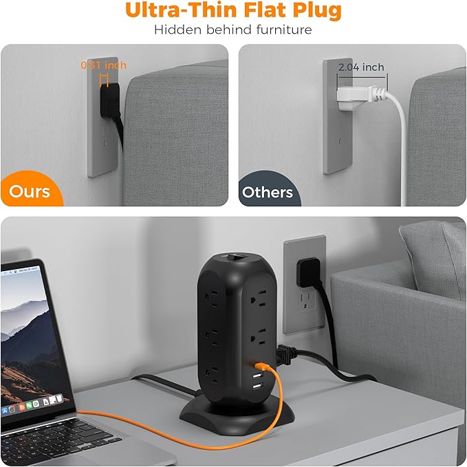 TESSAN Surge Protector Power Strip Tower with 3 USB Ports 11 Outlets, 1625W/13A, Black Extension Cord 6 Feet, 1050J Protection Desktop Charging Station for Office School Dorm Room Essentials