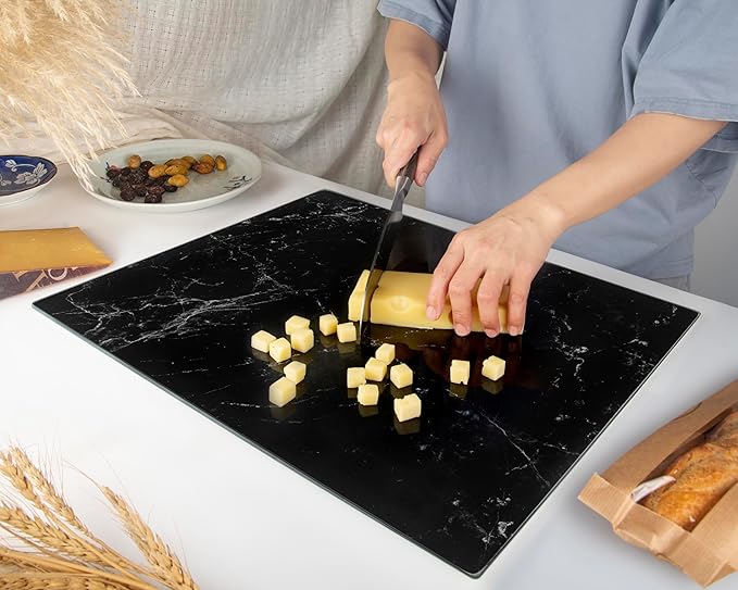Glass Cutting Board 20”x16”: Tempered Glass Kitchen Counter Protector - Durable- Scratch-Resistant, Heat-Proof - Design 1 - Black Marble Effect