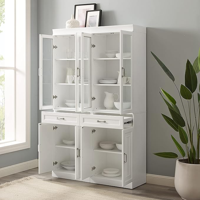 Crosley Furniture Stanton 2-Piece Glass Door Kitchen Storage Pantry Cabinet with Shelves Dining, Laundry Room, White
