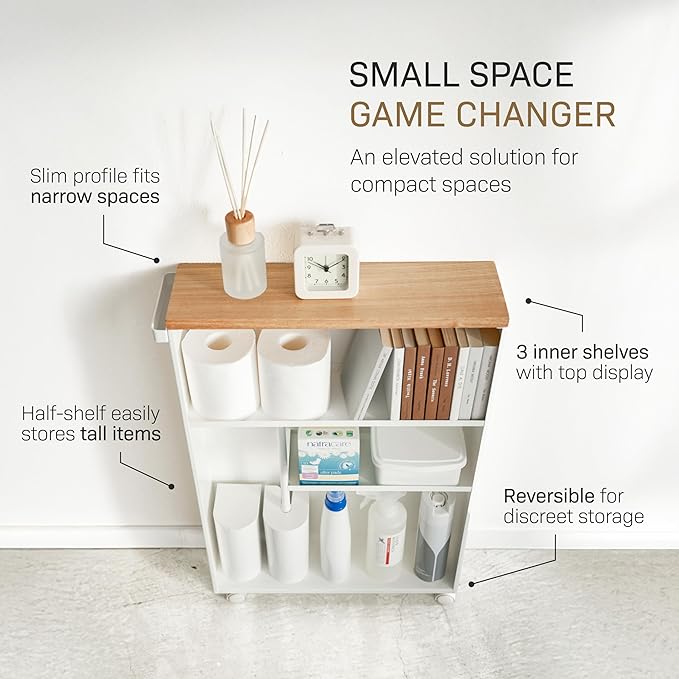 YAMAZAKI Home Slim Rolling Storage Cart – Narrow Bathroom Storage Cabinet with Handle, Slim Bathroom Storage Cart with Wheels, Easy Assembly, Steel + Wood, White