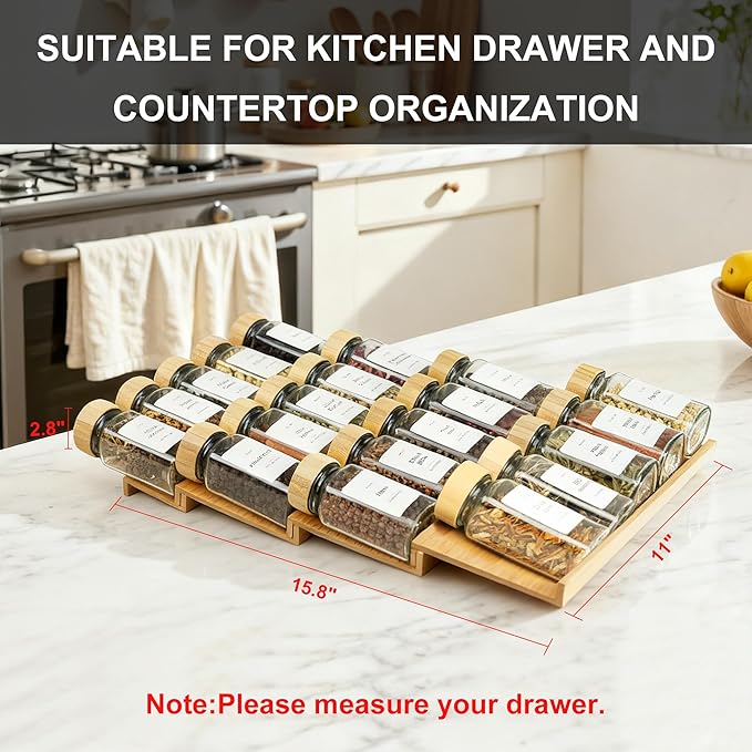 Spice Drawer Organizer with 20 Bamboo-lidded Spice Jars,216 Labels,25 Non-slip Rubber, Bamboo 4 Tier Seasoning Rack Tray Insert for Kitchen Drawers,Cabinets,Countertop,11" Wide x 15.8" Deep