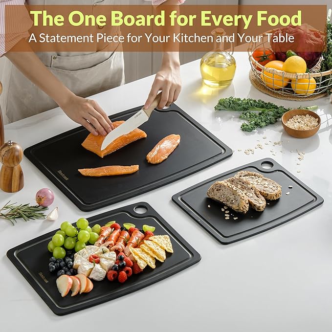 Cutting Board for Kitchen, 11.8x9.3Inch Wood Fiber Composite Cutting Board with Juice Groove and Non-slip Feet, Dishwasher Safe, Knife-Friendly Chopping Board for Meat, Bread, Fruit, Black