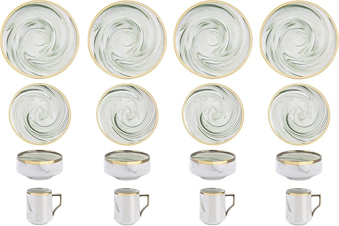 16 Piece Plates and Bowls Sets, Fine China Artisan Marbled Dinner Set for 4, Dishwahser Safe, Scratch Resistant, Green with Gold Line
