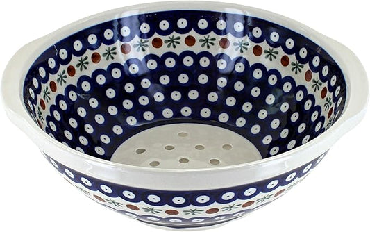 Blue Rose Polish Pottery - Blue Nature Colander - 9.5" Diameter - Hand-Painted Polish Pottery Ceramic Kitchen Strainer with Handles