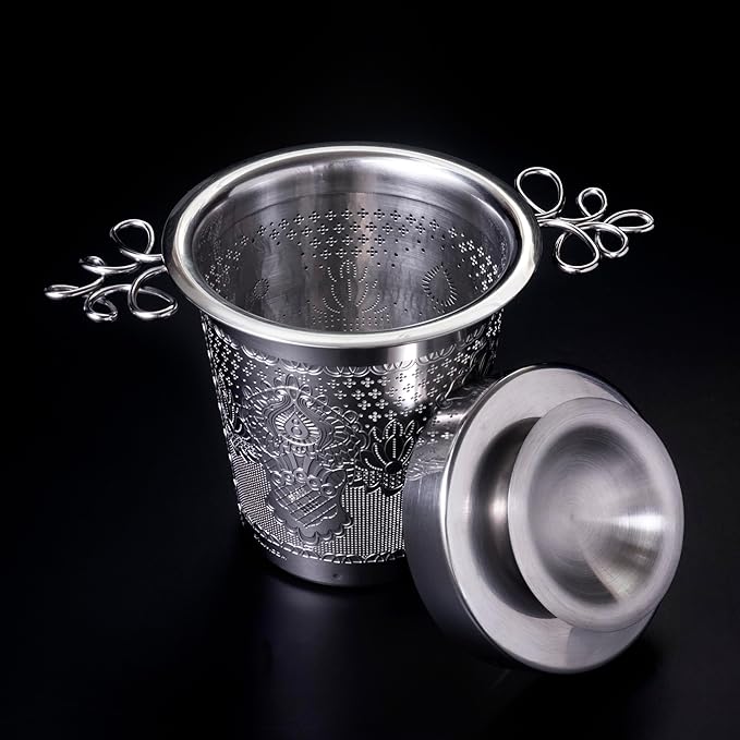Stainless Steel Tea Infuser Basket - Engraved Floral Strainer with Crystal Chain, Fine Mesh Filter for Loose Leaf Tea, Ergonomic Handle & Gift Box