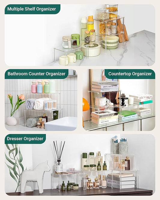 Acrylic Cabinet Organizer, Set of 4 Spice Rack Organizer for Cabinet, Desk Countertop Shelf Organizer, Pantry Kitchen Storage and Organization, Stackable Shelves House Essentials for Gift