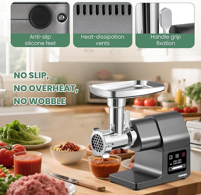 Huanyu Meat Grinder Electric 2000W Max Power Heavy Duty with Touchscreen, 2 Blades, 3 Plates, Sausage Tubes and Kubbe Kit #10 Outlet for Home Use