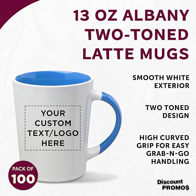 Custom Ceramic Latte Coffee Mugs by Albany 13 oz. Set of 100, Personalized Bulk Pack - Perfect for Coffee, Tea, Espresso, Hot Cocoa, Other Beverages - Process Blue
