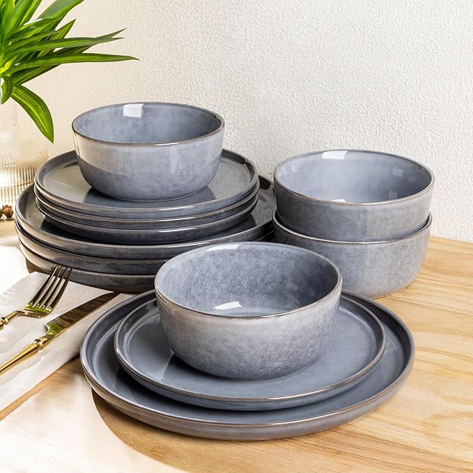 AmorArc Stoneware Dinnerware Sets,Round Reactive Ceramic Plates and Bowls Sets,Highly Scrath Resistant | Dishwasher & Microwave Safe Dishes,Service for 6 (18pc)