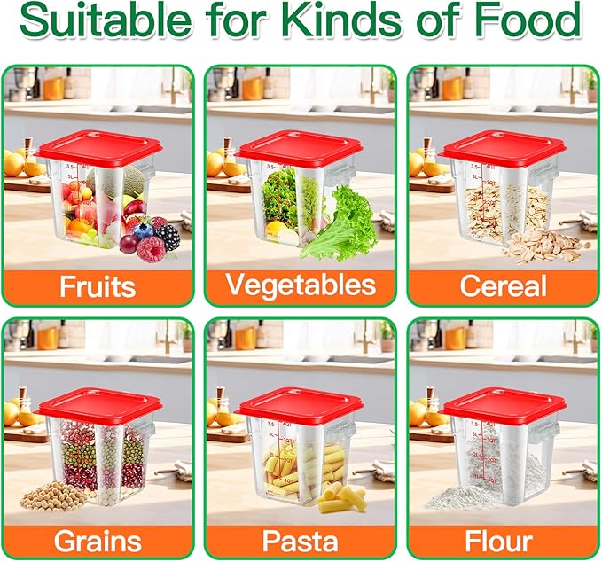 4 pcs 4qt Food Storage Containers with Lid, Square Clear Commercial Food Storage Containers with Handle and Scale for Food Storage in Home Kitchen & Dining (Red)